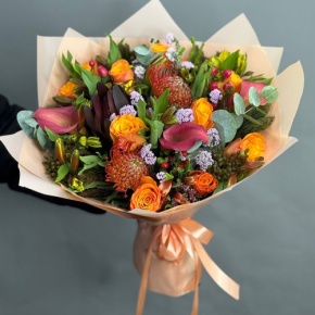 Букет "Даниэлла" из калл, роз, гиперикума, сафари, капса и лейко в Жуковском