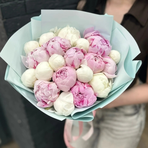 Микс из 19 бело-розовых пионов в Жуковском
